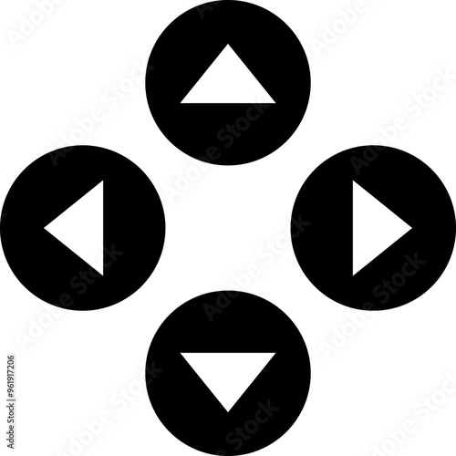 Directional buttons of a video game controller arranged in a cross pattern with arrows indicating up, down, left, and right.
