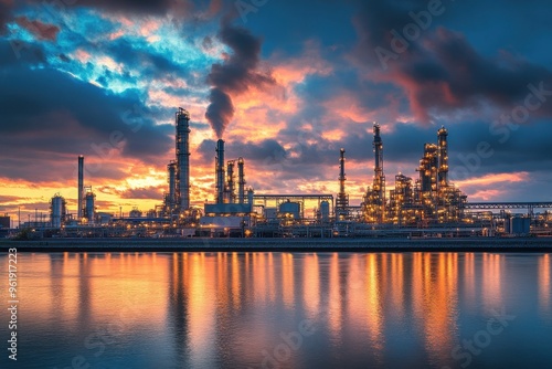 Petrochemical industry by river with cloudy sky in twilight Antwerp Belgium