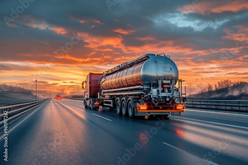 Petroleum products being transported by semi truck with liquid fuel Gas carrier truck at night