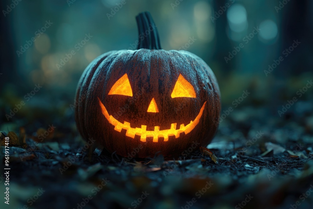 A pumpkin with a smiley face and a lit up eye A pumpkin with a smiley face and a lit up eye