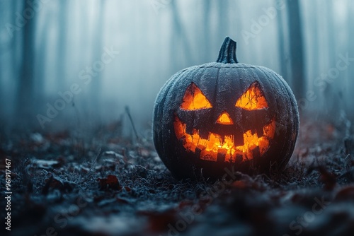 A pumpkin with a scary face is lit up in the dark