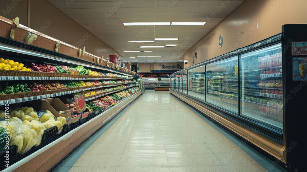 Aisles of an empty supermarket with well-organized produce and clean, stocked shelves, creating a peaceful, quiet shopping scene Aisles of an empty supermarket with well-organized produce and clean, stocked shelves, creating a peaceful, quiet shopping scene