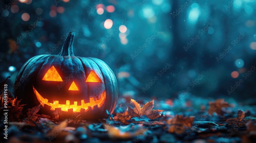 Naklejka premium A pumpkin with a smiley face on it is sitting on the ground in a forest