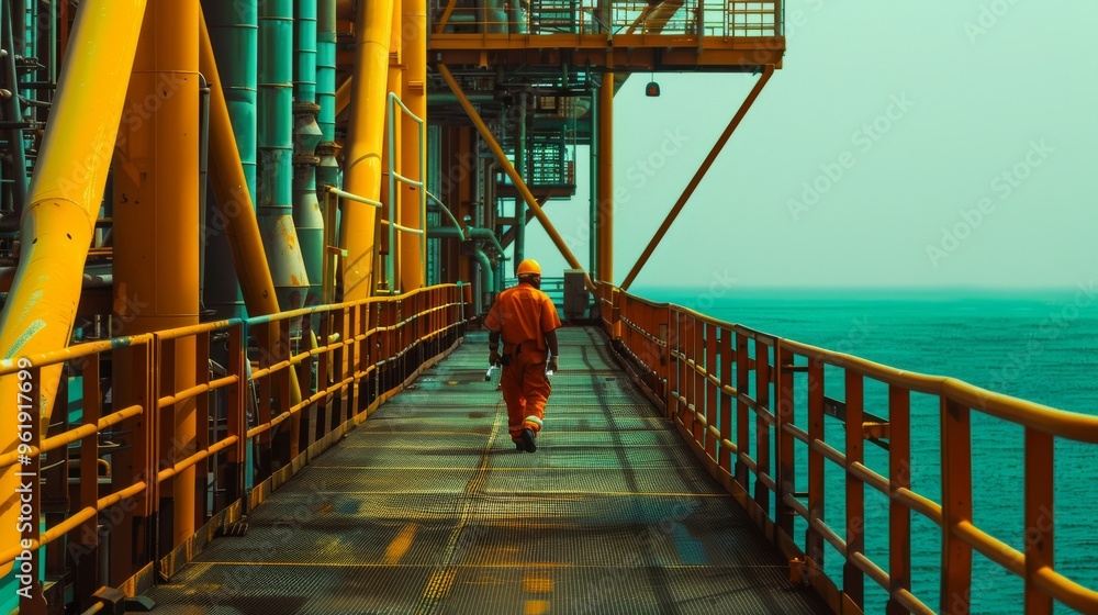 A worker in orange safety gear walks along a brightly lit offshore oil platform, with the vast ocean extending into the horizon.