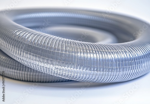 Intact, close-up of a twisted gray water hose from a washing machine on a white background photo