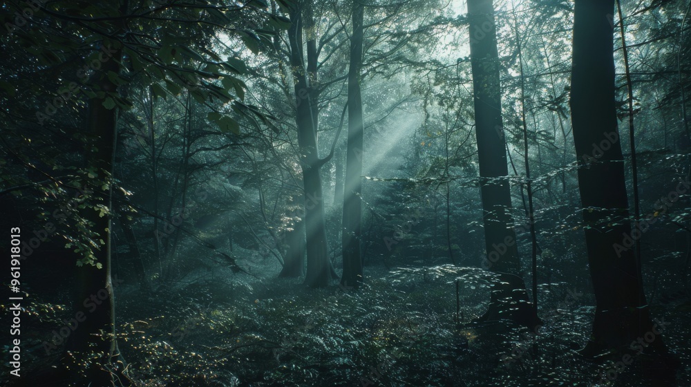 Obraz premium Sunbeams penetrate a serene forest, casting ethereal light and creating a mystical, tranquil atmosphere among towering trees.