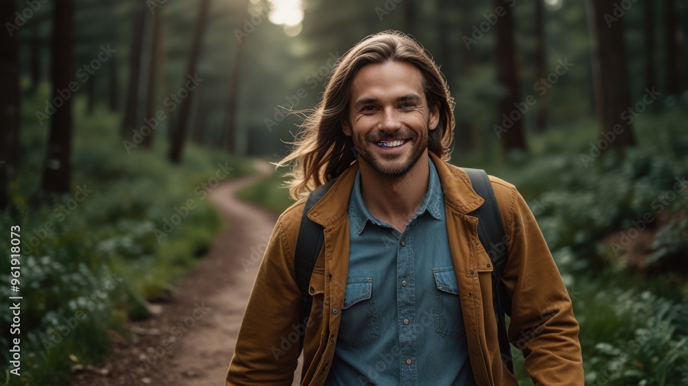 Man Enjoying Forest Hike on Scenic Trail Man Enjoying Forest Hike on Scenic Trail