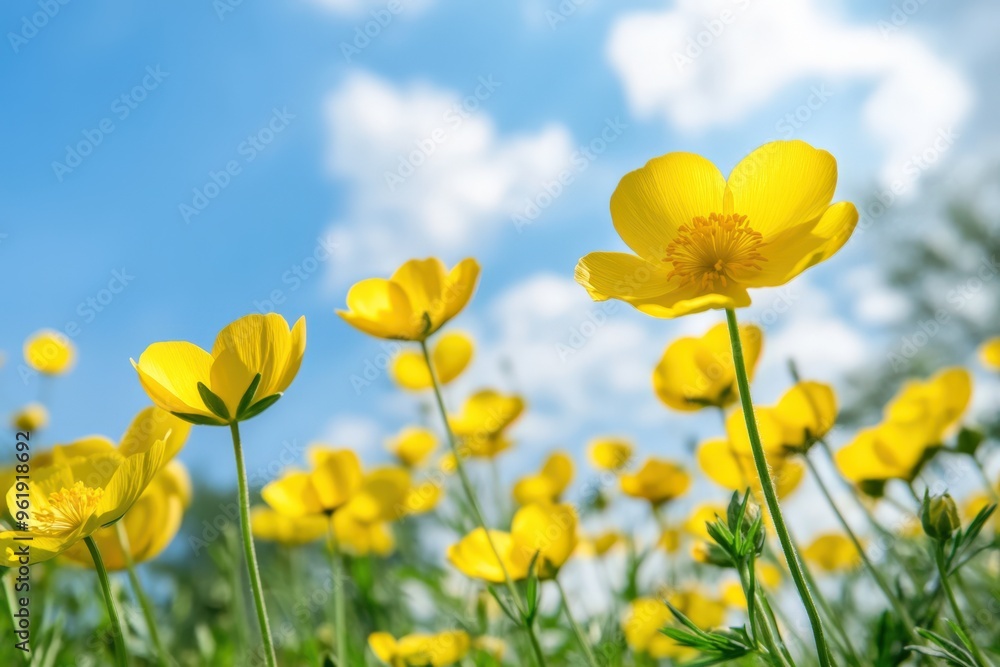 Buttercup Flower. Stunning Buttercup Flowers Blossoming in Meadow under Blue Sky Buttercup Flower. Stunning Buttercup Flowers Blossoming in Meadow under Blue Sky