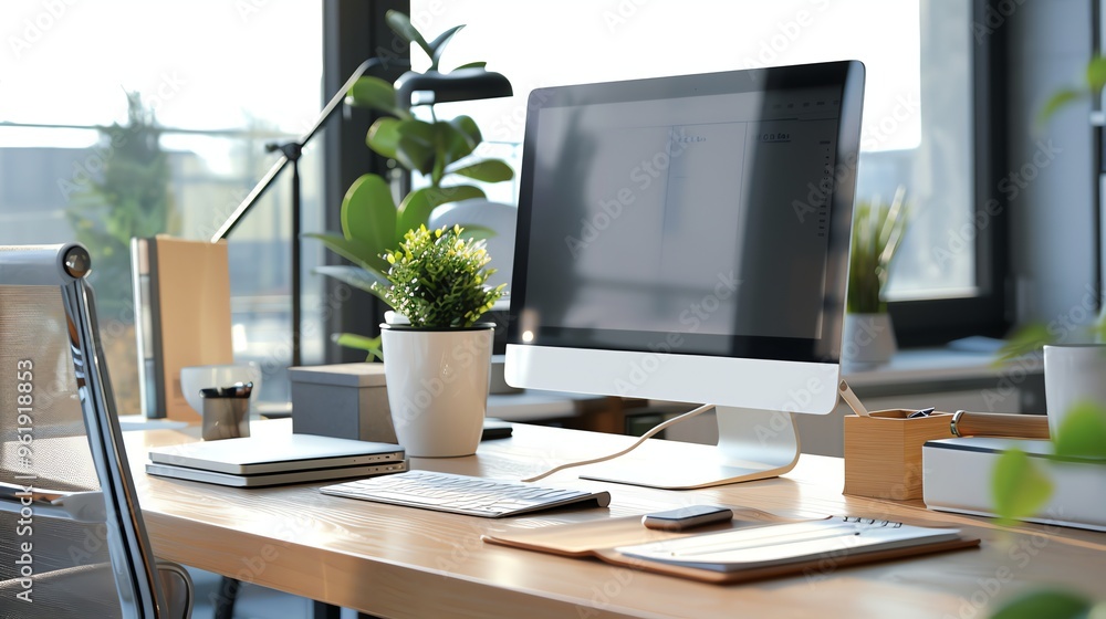 A minimalist workspace with a computer, keyboard, and a cup of coffee. A minimalist workspace with a computer, keyboard, and a cup of coffee.