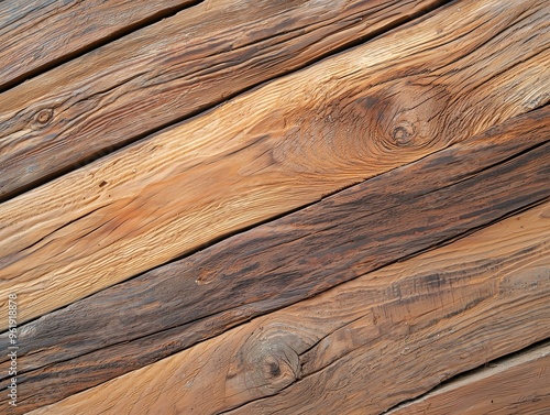 Photo of Reclaimed Wooden Planks, Featuring a Mix of Light and Dark Grain with Aged Texture, Ideal for Sustainable Design Projects photo