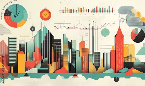 Abstract Cityscape with Geometric Shapes and Charts