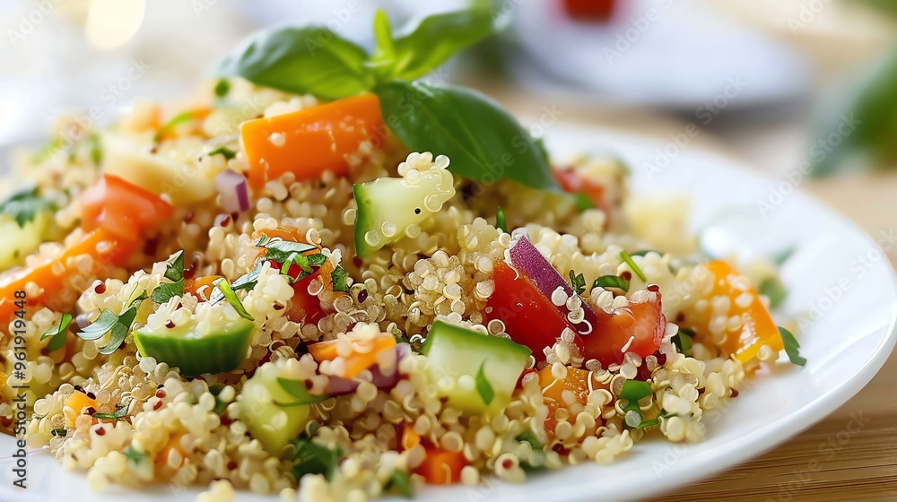 A bowl of quinoa salad with vegetables and raspberries. A bowl of quinoa salad with vegetables and raspberries.