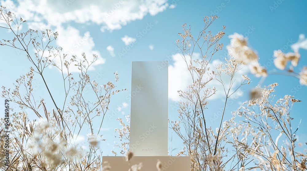 Naklejka premium Blank White Sign in Front of Wildflowers