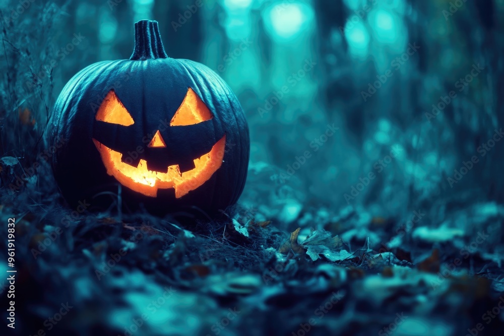 A pumpkin with a smiley face on it is sitting on the ground in a forest A pumpkin with a smiley face on it is sitting on the ground in a forest