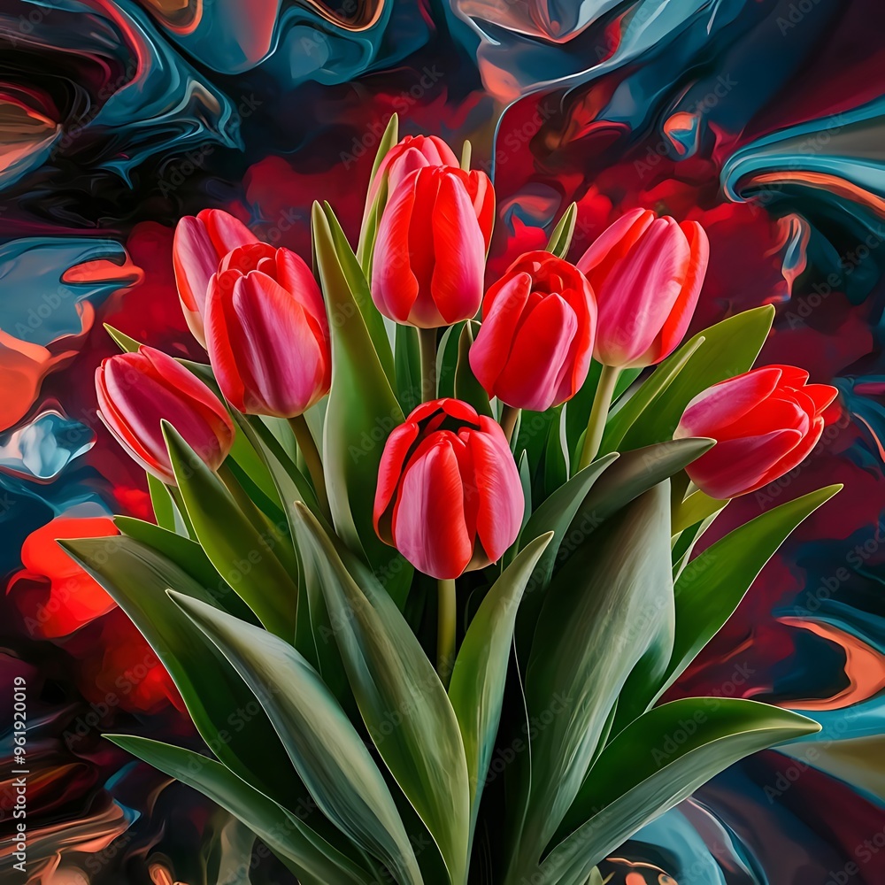 Bouquet of red tulips with green leaves on abstract paper background Bouquet of red tulips with green leaves on abstract paper background