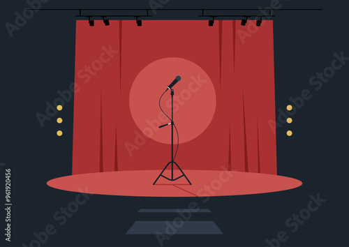 A lone microphone stands ready on a circular red platform, surrounded by warm spotlights, offering an inviting atmosphere for performers and audiences alike