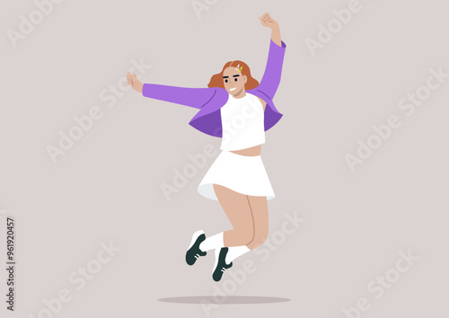 The girl in a white skirt and bright purple jacket joyfully leaps upwards, her arms raised and a big smile on her face, embodying sheer excitement and freedom in the warm sunlight