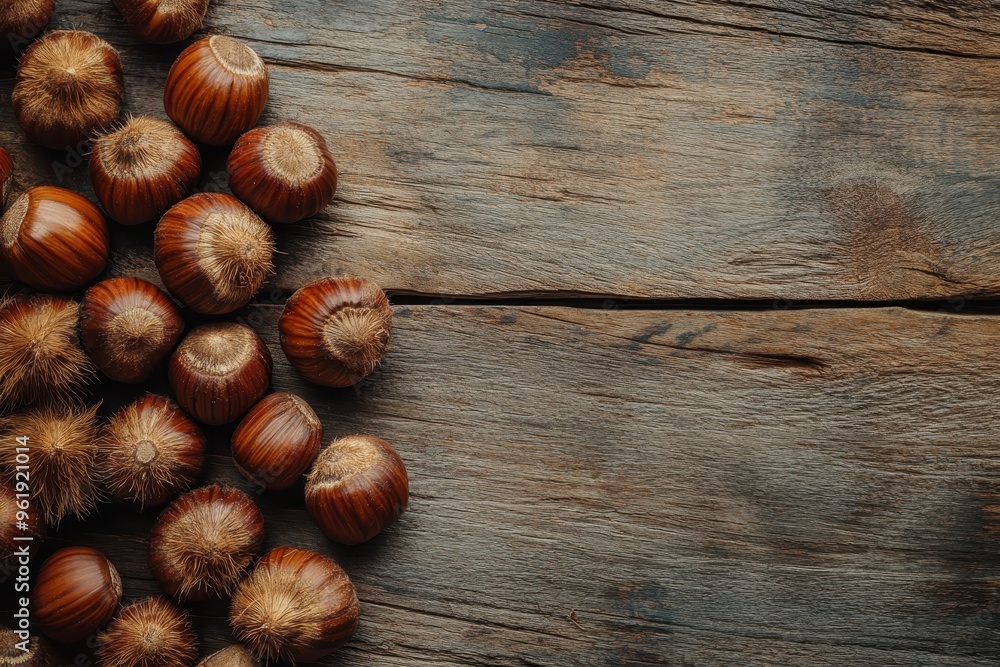 Obraz premium Photograph of chestnuts on wood table