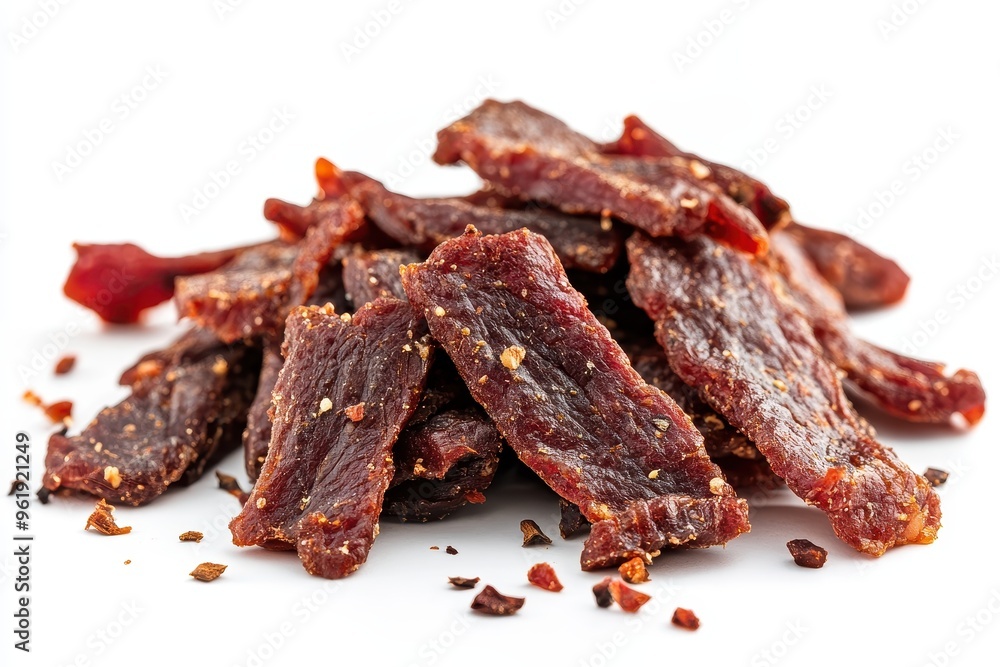 Pile of beef jerky on white background Beef jerky portion Pile of beef jerky on white background Beef jerky portion