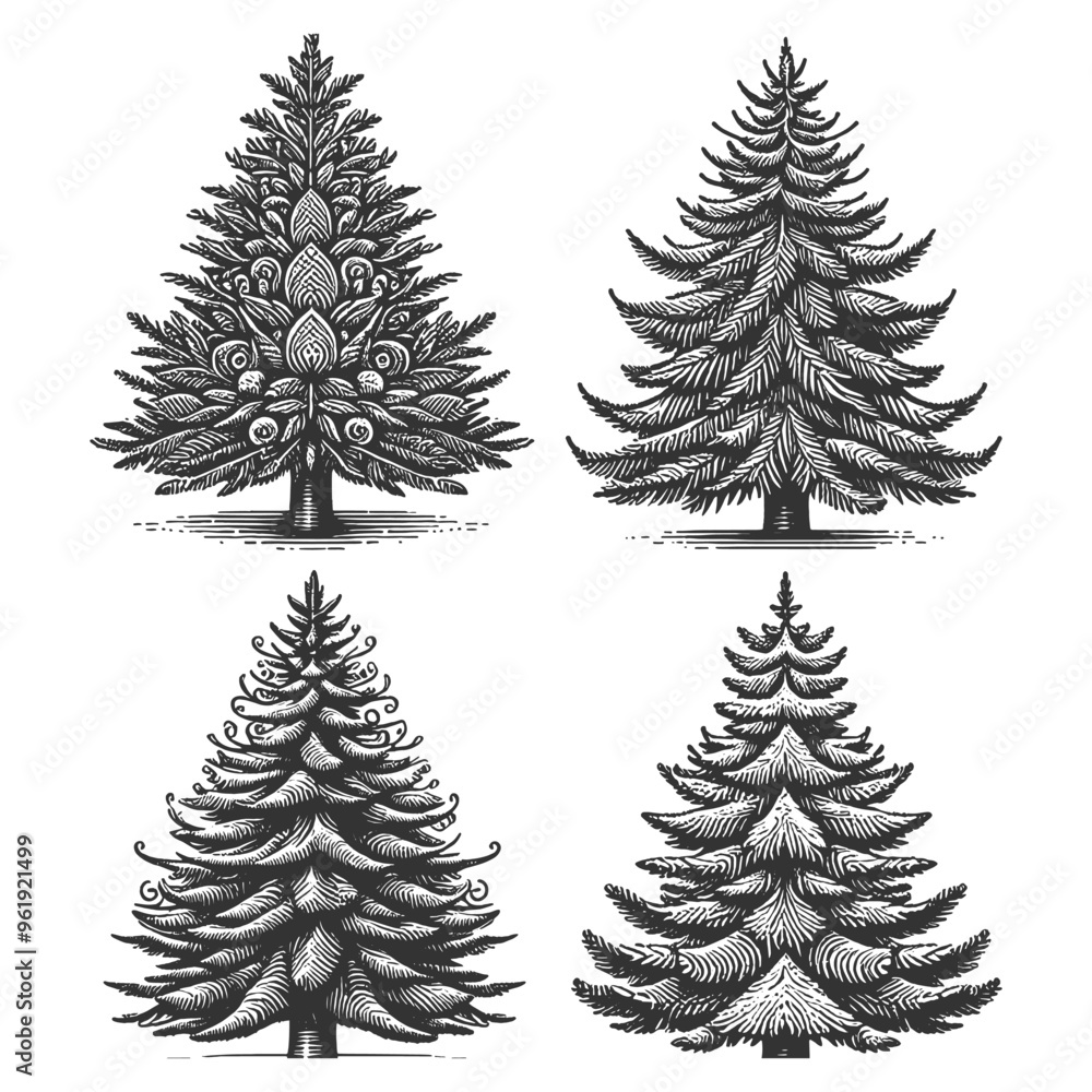 Set collection of Christmas trees, unique designs and festive decorations, vintage holiday sketch engraving generative ai vector illustration. Scratch board imitation. Black and white image. Set collection of Christmas trees, unique designs and festive decorations, vintage holiday sketch engraving generative ai vector illustration. Scratch board imitation. Black and white image.