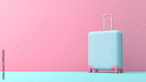 A 3D illustration of a suitcase placed on the right side of the image, set against a pastel-colored background.  photo