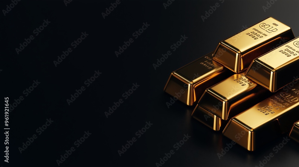 Multiple gold bars placed on the right side of the image, set against a solid black background. Multiple gold bars placed on the right side of the image, set against a solid black background.
