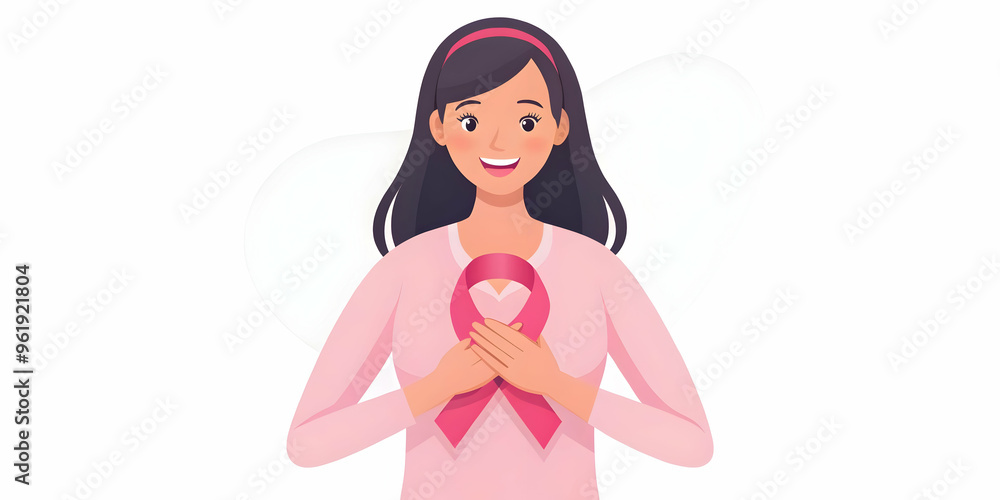Flat Vector Illustration of a Woman Joyfully Holding a Pink Ribbon in Natural Light � Capturing Genuine Emotion and Warmth Flat Vector Illustration of a Woman Joyfully Holding a Pink Ribbon in Natural Light � Capturing Genuine Emotion and Warmth