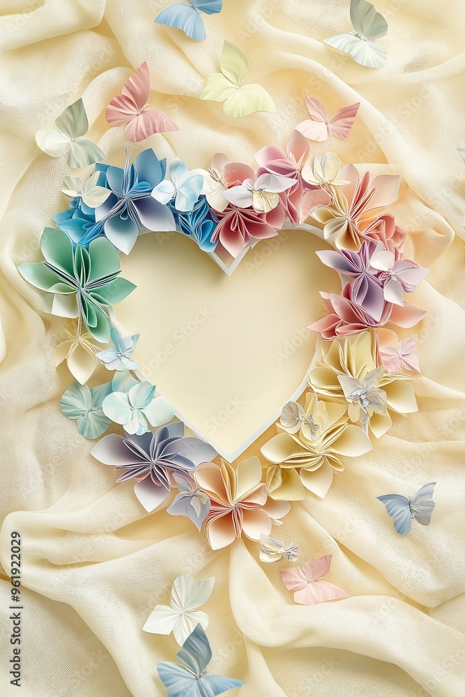 Herzförmiger Papierkranz in Pastellregenbogenfarben. Tauf- und Geburtskartendesign. Zarte Textur, 3D-Effekt. Kinderzimmer-Deko. Babyparty, Familienfest, Kopierraum Herzförmiger Papierkranz in Pastellregenbogenfarben. Tauf- und Geburtskartendesign. Zarte Textur, 3D-Effekt. Kinderzimmer-Deko. Babyparty, Familienfest, Kopierraum