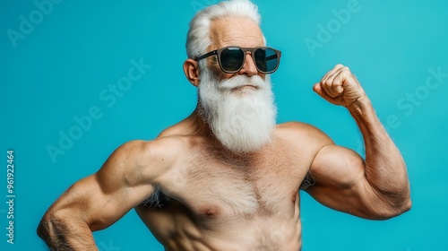 A realistic portrait of an elderly man with white hair and a white beard, wearing sunglasses and no shirt, flexing his large muscles to showcase his strength. The background is a solid blue. 
