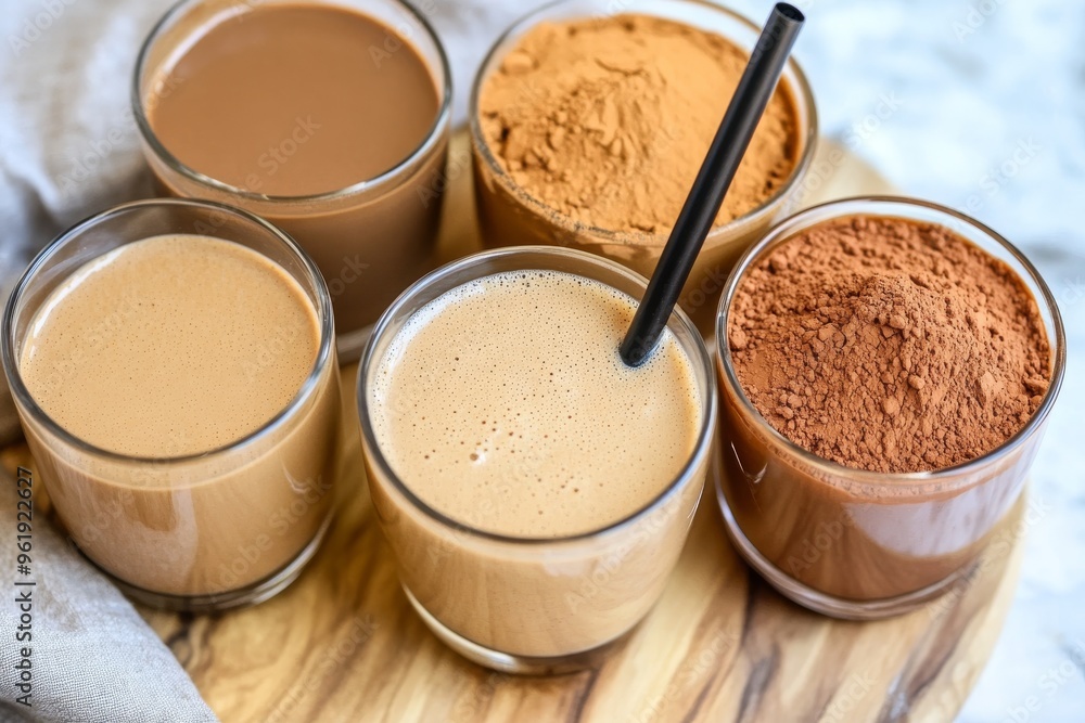 On a brown background, glasses of sweet chocolate milk are accompanied by a bowl of cocoa powder On a brown background, glasses of sweet chocolate milk are accompanied by a bowl of cocoa powder