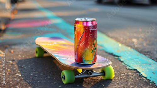 concept of youth, teenage life, skate on an asphalt road and a can of soda, sunset light, parking, lifestyle, drink, chill, roadway, urban, street, bright colored multicolored, style 