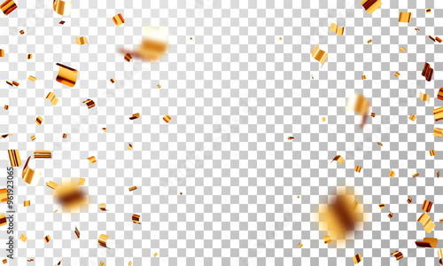 3D party gold confetti on transparent background. Render golden confetti in empty space. Metal firecracker elements in various shapes. Party, holiday, surprise or birthday events. Vector illustration