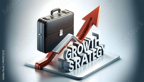 Floating Briefcase and Upward Arrow Concept with 'Growth Strategy' Text � Sleek Vector Design for Marketing Success on White Background