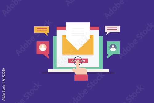 Contact US page concept, People sending message through website contact us page. Website communication, Email messages. Vector illustration background.