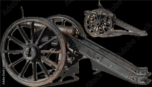 field artillery piece or cannon. It consists of a long, metal barrel mounted on a carriage with two large wheels.
