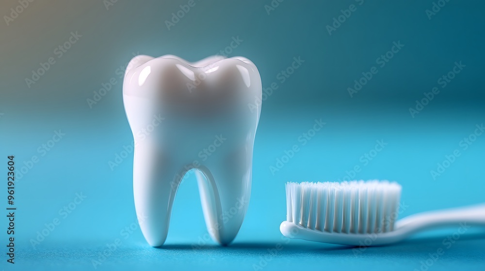 White toothbrush and ceramic tooth model, dental hygiene concept, clean minimalist background, soft blue tones, high-key lighting, healthcare and oral care theme. White toothbrush and ceramic tooth model, dental hygiene concept, clean minimalist background, soft blue tones, high-key lighting, healthcare and oral care theme.