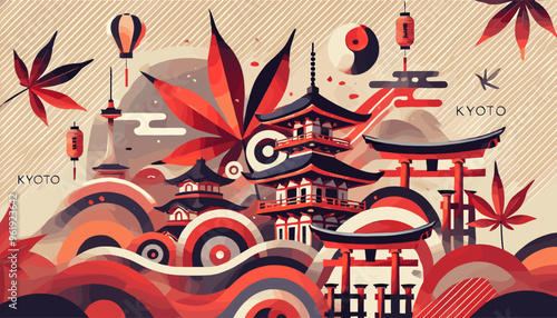 Autumn, Kyoto on Fire. Vector illustration.