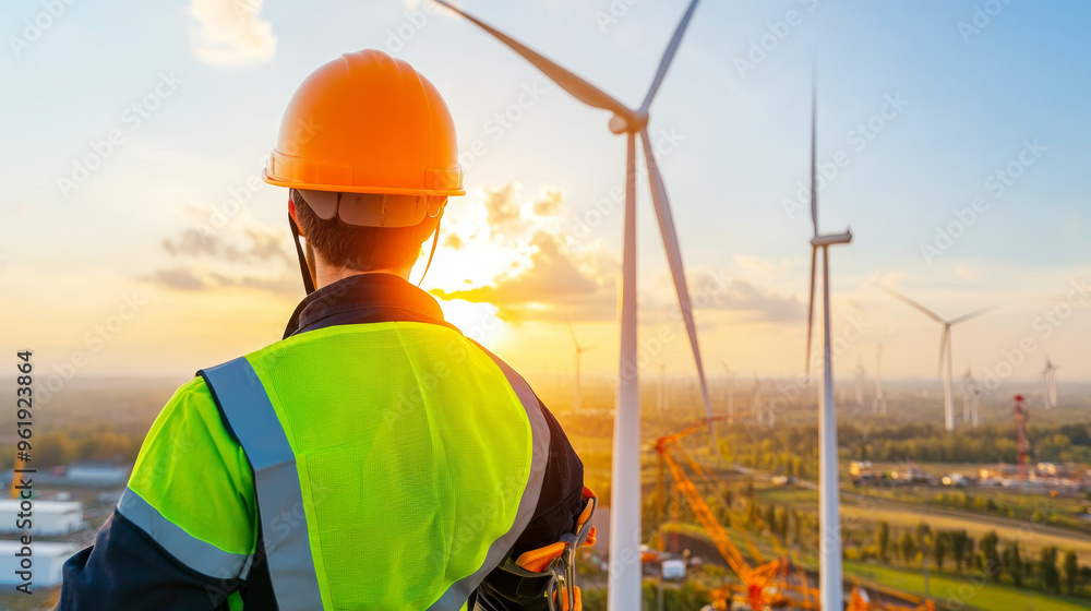 A safety engineer in gear stands atop wind turbine, overlooking sunset landscape filled with wind turbines and construction activity. A safety engineer in gear stands atop wind turbine, overlooking sunset landscape filled with wind turbines and construction activity.