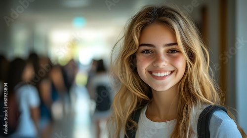 Young woman with golden hair, white shirt, smiling, school hallway, blurred background of students, soft natural lighting, shallow depth of field, portrait photography.