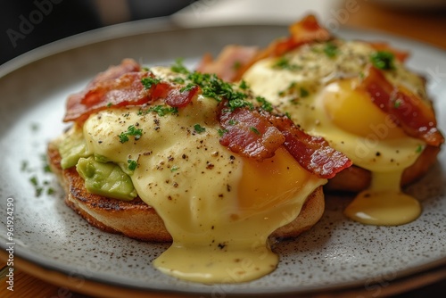 Plate of egg benedicts with avocado and bacon up close photo