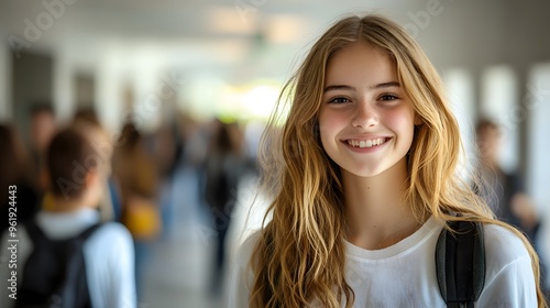 Young woman with golden hair, white shirt, smiling, school hallway, blurred background of students, soft natural lighting, shallow depth of field, portrait photography. Free Download Young woman with golden hair, white shirt, smiling, school hallway, blurred background of students, soft natural lighting, shallow depth of field, portrait photography. - GFXLoad