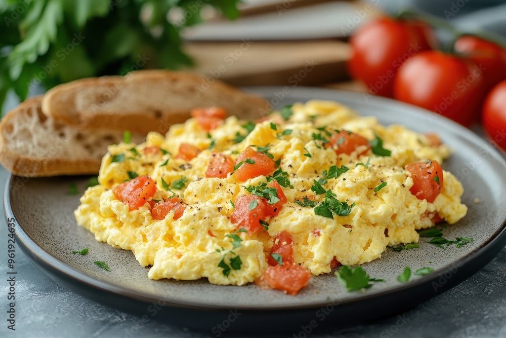 Plate of scrambled eggs with tomatoes and bread Plate of scrambled eggs with tomatoes and bread