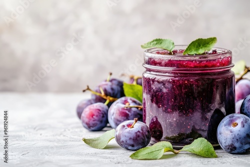 Plum jam in a jar with plums tkemali sauce winter preparation light background photo