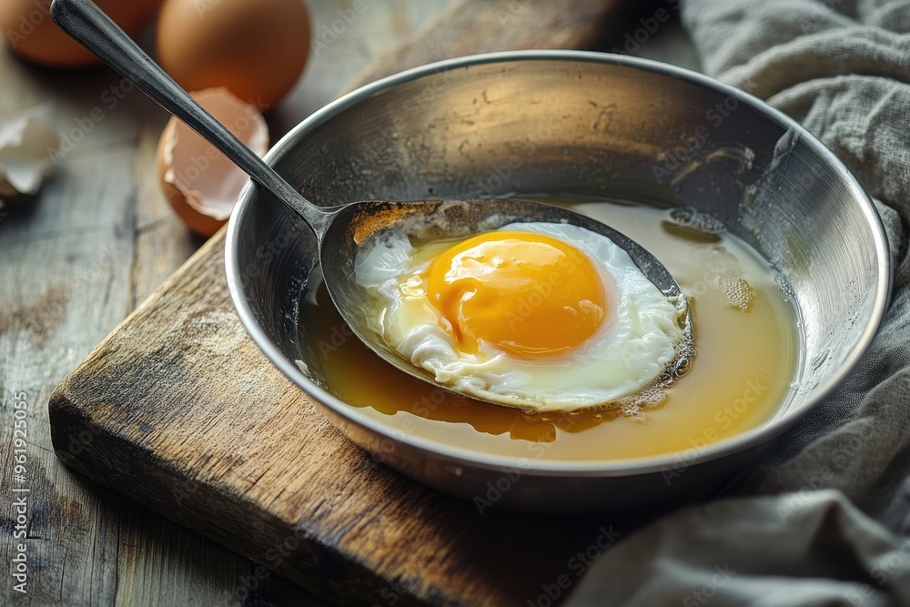 Poached egg in vinegar on spoon in bowl on board paleo Poached egg in vinegar on spoon in bowl on board paleo