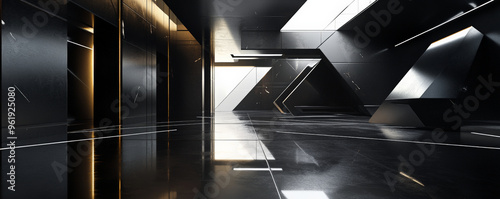 A dramatic 3D black interior with sharp, angular walls and reflective floors. The interplay of light and shadow enhances the depth and dimension of the space. photo