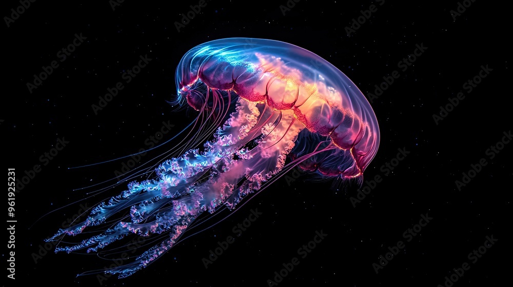 Iridescent transparent jellyfish floating in a dark ocean vibrant colors bioluminescence detailed textures ultra-realistic Iridescent transparent jellyfish floating in a dark ocean vibrant colors bioluminescence detailed textures ultra-realistic