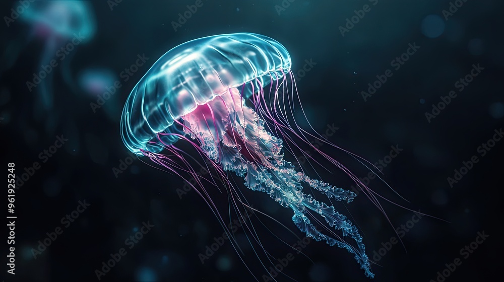 Fototapeta premium Iridescent transparent jellyfish floating in a dark ocean vibrant colors bioluminescence detailed textures ultra-realistic
