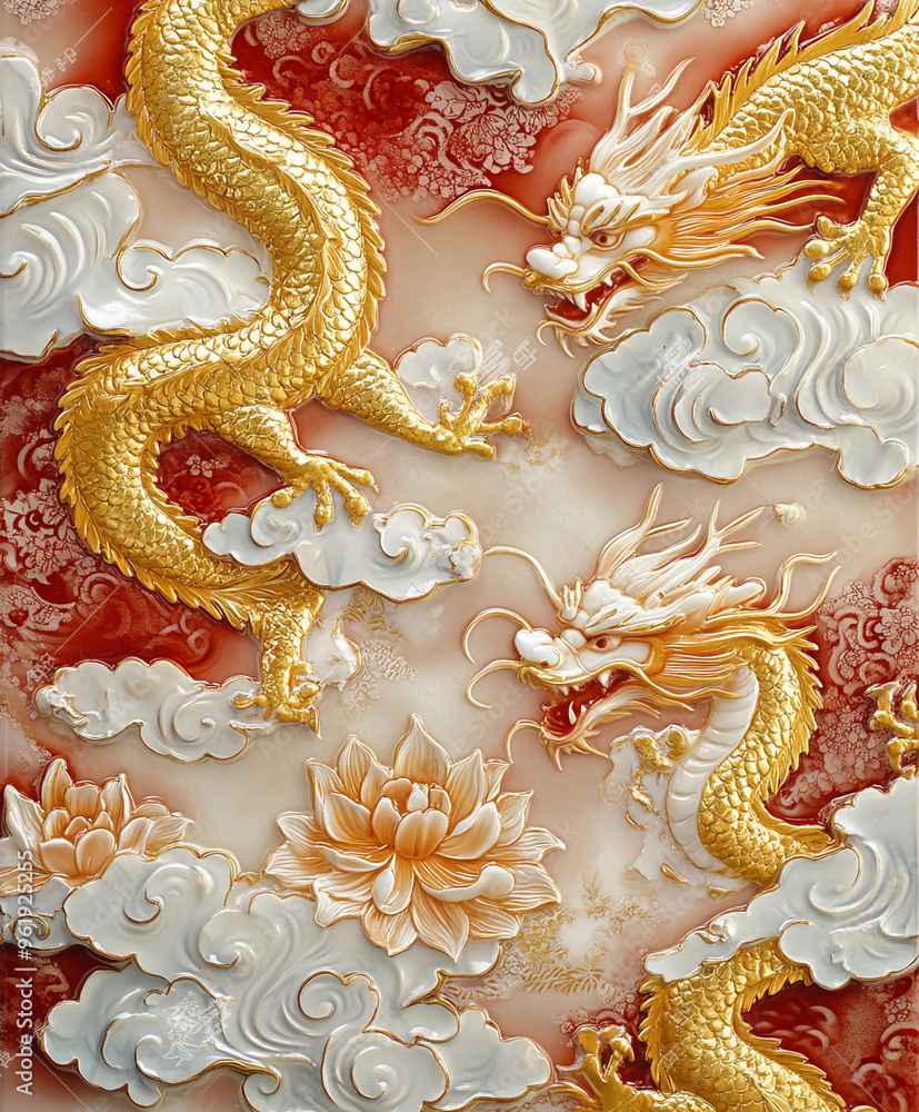 Chinoiserie-inspired ceramic tile with a hand-painted pattern of golden dragons intertwined with clouds and lotus flowers Chinoiserie-inspired ceramic tile with a hand-painted pattern of golden dragons intertwined with clouds and lotus flowers