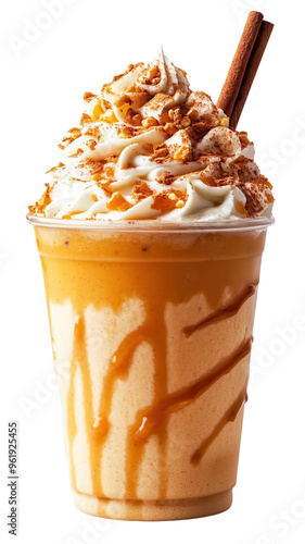 Delicious caramel frappe topped with whipped cream and crunchy caramel bits, with transparent background
