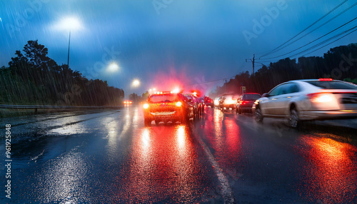  Blurred car accident scene with emergency lights in the rain. _1(356) photo